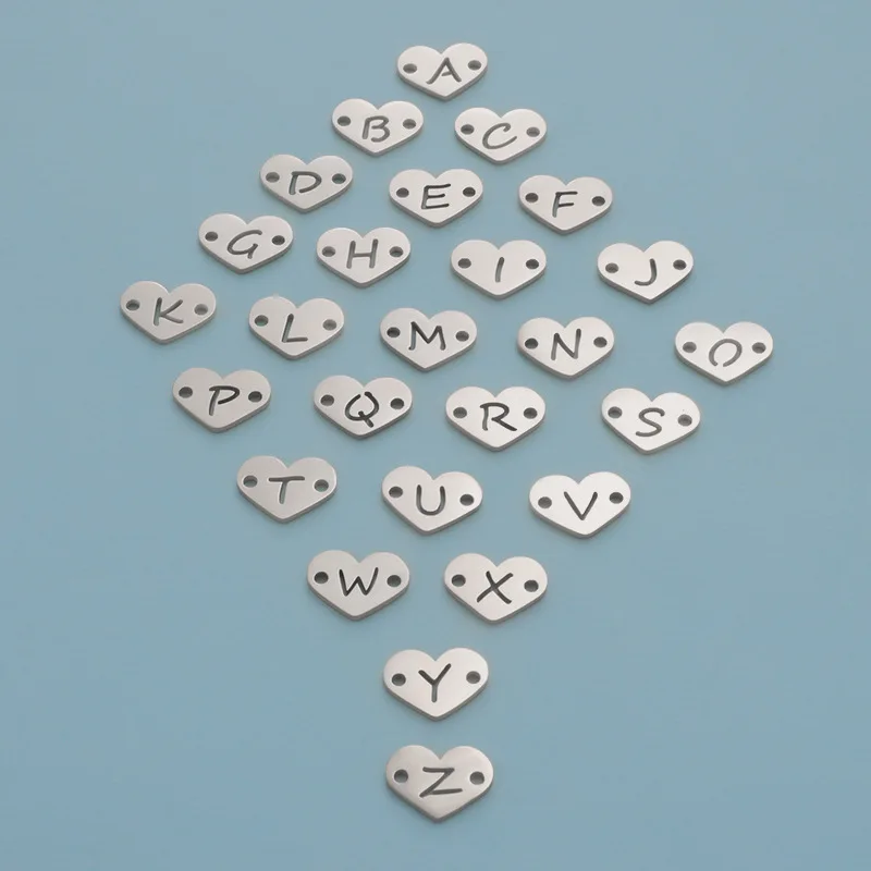 

10Pcs/Lot 9*12mm Mirror Polish Stainless Steel Heart Letter Initials Alphabet Connector Charm For Braid Bracelets