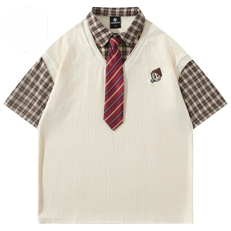 Vintage Varsity T shirts Fake Two Piece Tee Tops with Tie Men Streetwear Harajuku Hip Hop Oversized Y2K T-