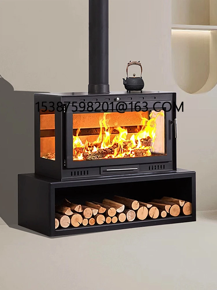 Fireplace, real fire, wood burning, household heating stove, self built house, three sided viewing fireplace