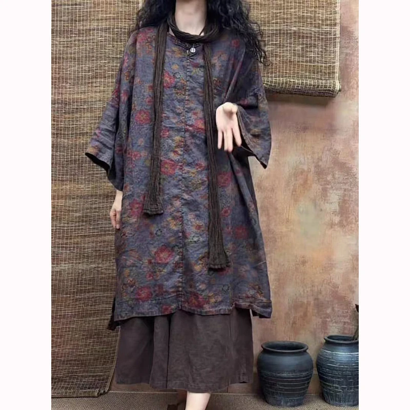 

Summer New Arts Style Women Batwing Sleeve O-neck Knee-length Dresses Vintage Print Cotton Linen Loose Dress High Quality T268