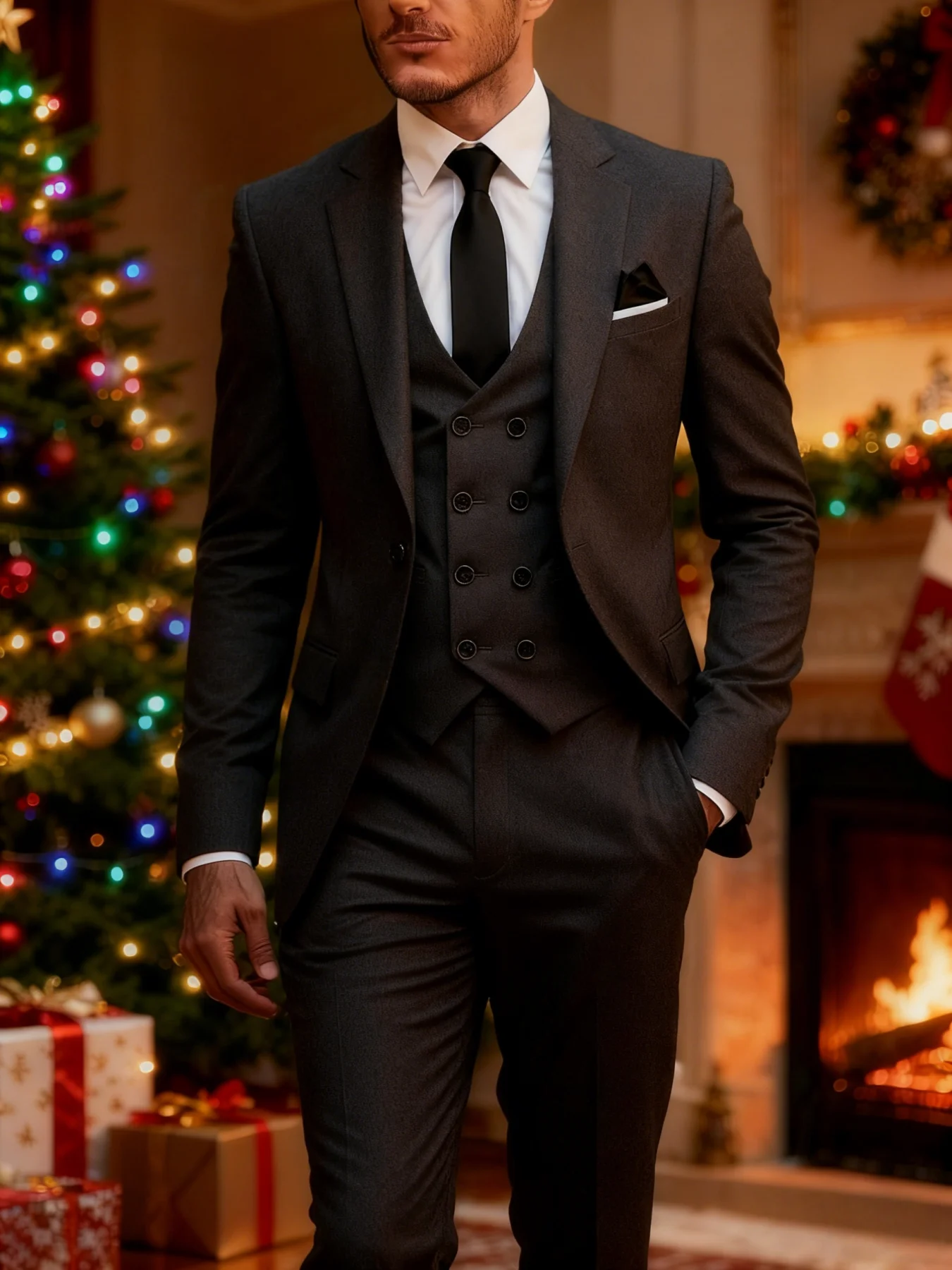 

【Formal Suit】Men's Notched Lapel 3 Pcs Double Breasted Waistcoat Suit Set for Timeless Business Anniversary Ball