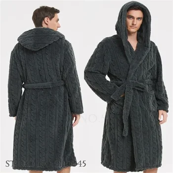 Warme Nachtkleding Dikker Jacquard Flanel Mannen Gewaad Pluche Coral Fleece Capuchon Badjas Gown Winter Lounge Wear Homewear Nachtkleding