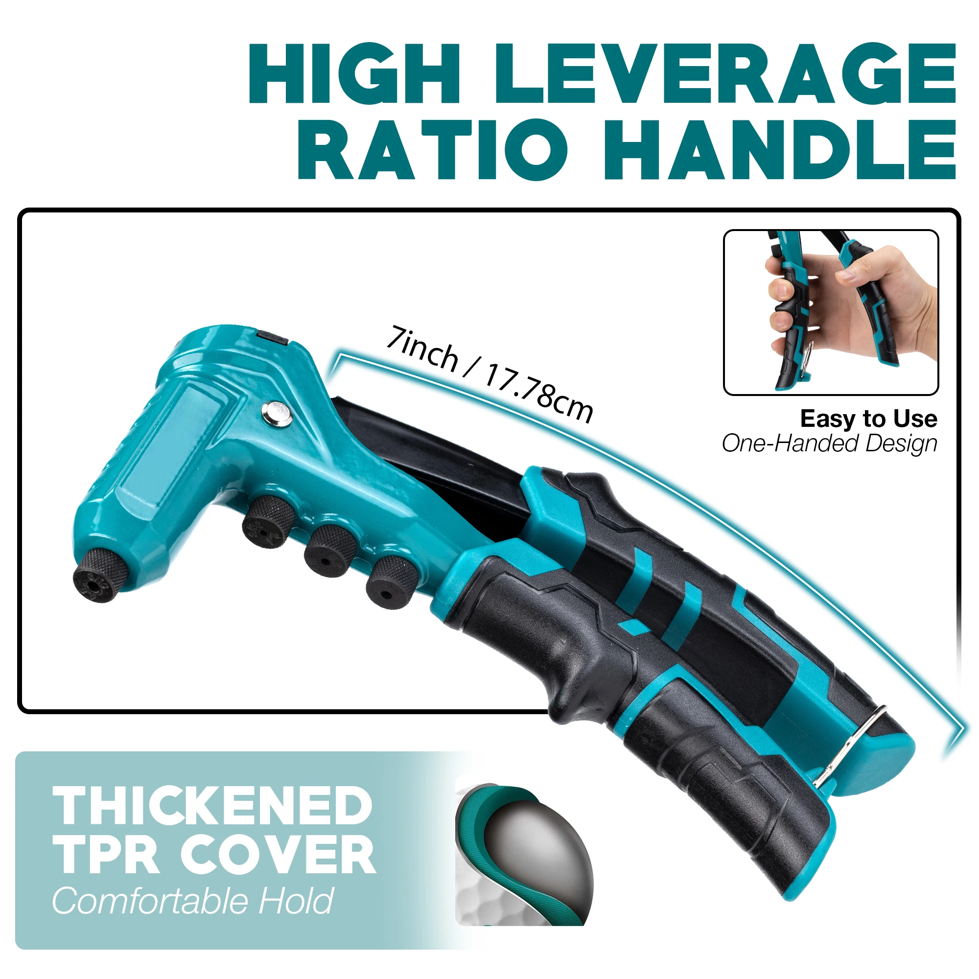 One-Handed Rivet Gun, Pop Rivet Gun Set, Professional Hand Riveter, Manual Riveting Tool with 200 Rivets for Metal, Includes 4 Drill Bits, 4 Tool-Free Interchangeable Heads, Storage Case