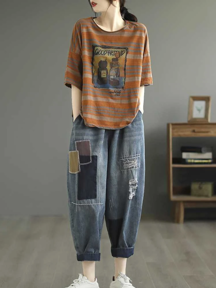 تي شيرت نسائي مخطط من القطن الخالص ort Sve مطبوع فضفاض أمريكي Sle توب عصري ماركة أزرق مقاس كبير ريترو كوموت...