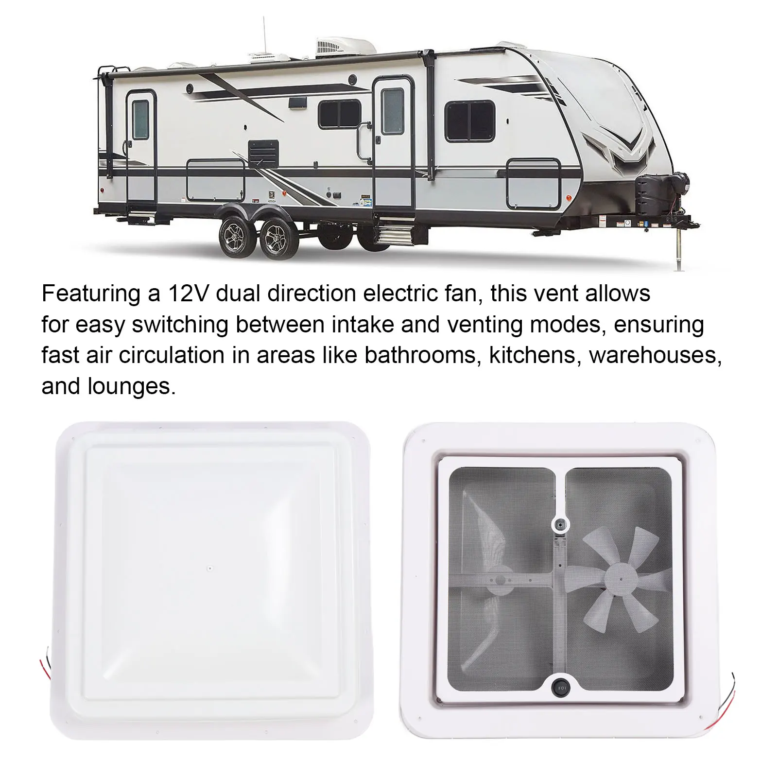 فتحة تهوية سقف RV مقاس 13.39 × 13.39 مع شاشة طيران وقضيب داعم ومروحة تهوية سقف متنقلة مقاومة للماء #2