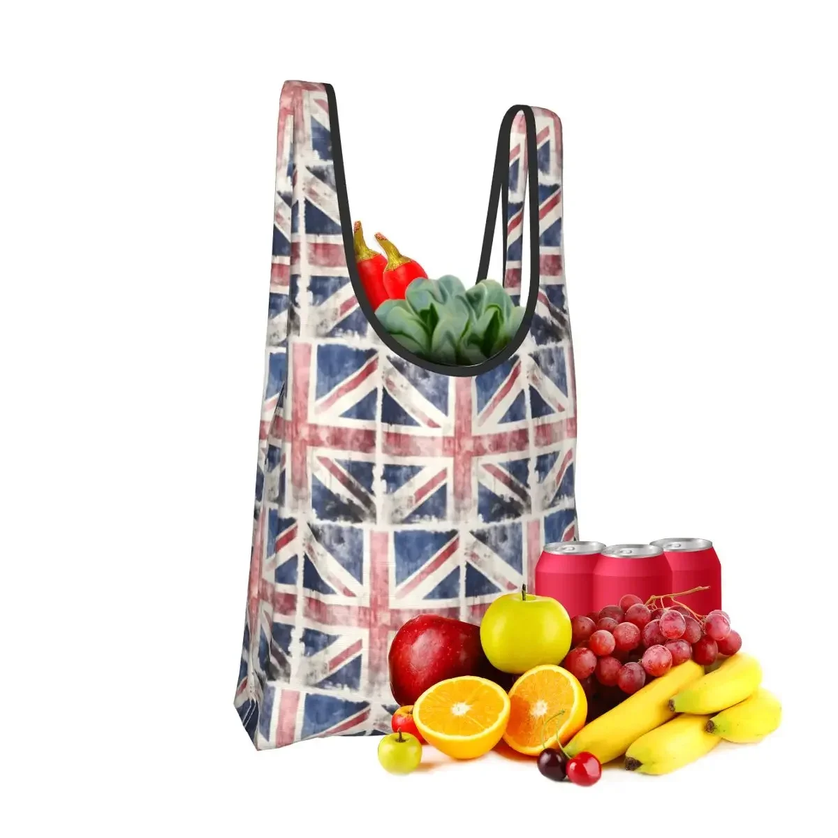 Watercolor Union Jack British Flag Print Portable Tote Shopping Bags Foldable Shopper Bag Groceries Handbag Shoulder Bag