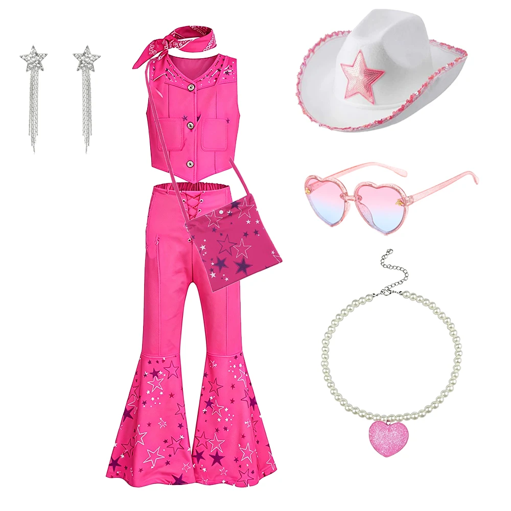 Rosa Cowgirl-Kostüm Mädchen-Outfit-Set Weste Schlaghose Kinder-Halloween-Kostüme – Detail 7