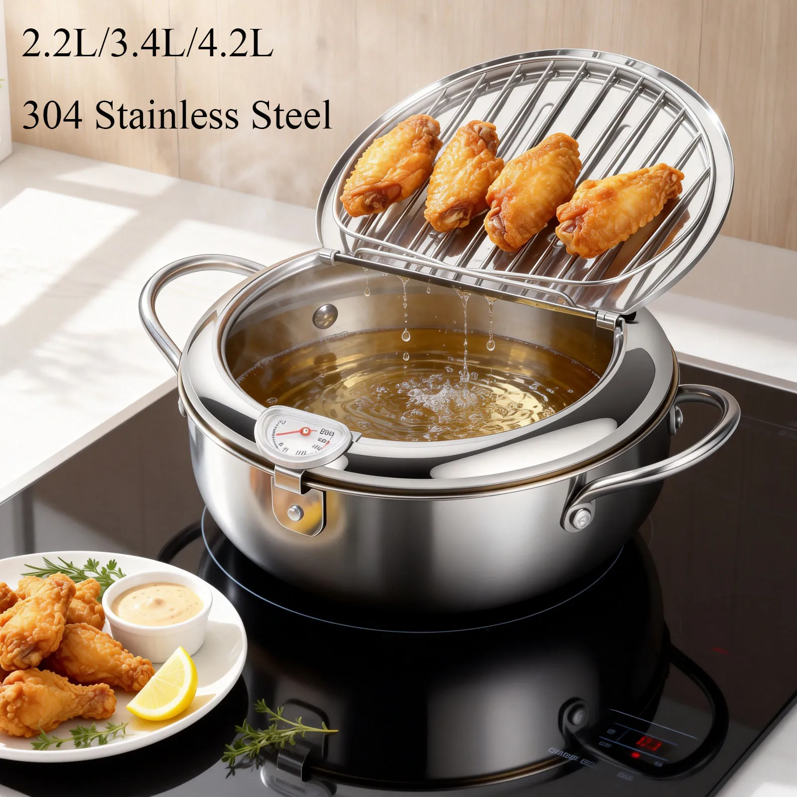 Panela Fritadeira de Aço Inoxidável 21/24/28 CM com Cesto Coador e Termômetro para Fritura de Tempura e Uso Culinário na Cozinha