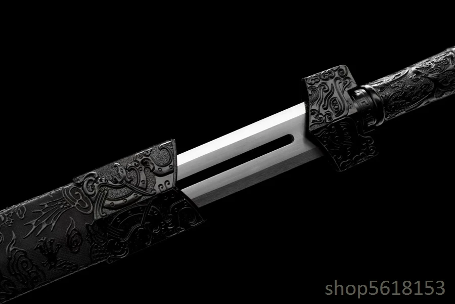 Meng steel  hollow out blade Chines han sword black dragon accessories  black leather saya alloy black handle