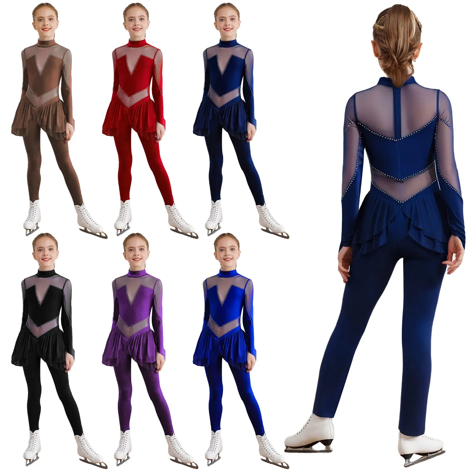 Kinder Mädchen Eiskunstlauf Performance Overall Mock Neck Langarm Sheer Mesh Patchwork Glänzende Strass Body Dancewear