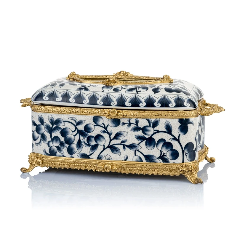 

Blue And White Floral Porcelain Tissue Box Cover Rectangle Luxury Ceramic Tissue Box Holder With Brass Decor Feet For Home Table