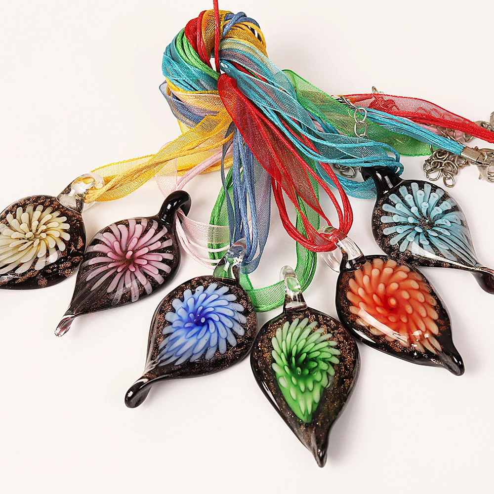 QianBei Fashion Wholesale 6pcs Handmade Murano Lampwork Glass Mix Color Leaf Flower Pendants Charms Silk Cords Necklace New