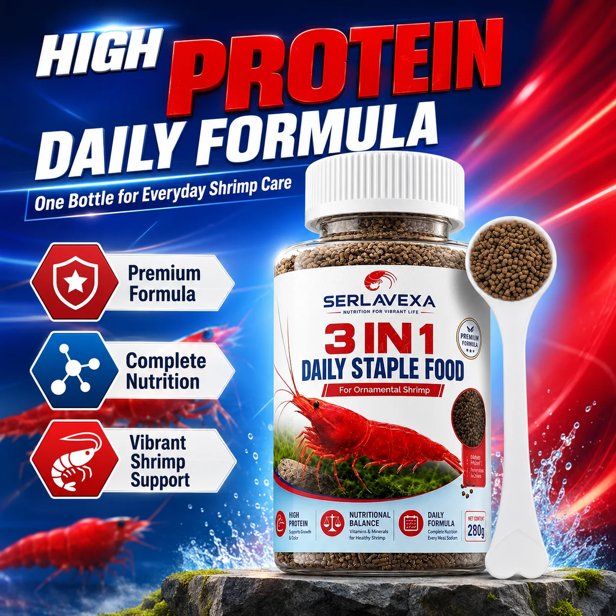 280g 3-in-1 Ziergarnelenfutter Hochprotein-Tagesfutterpellets für Neocaridina, Caridina, Cherry, Crystal und Amano Garnelen