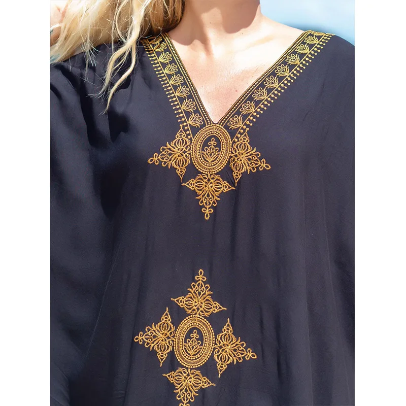 Women's Dress Summer Boho Cotton Gold Embroidered Vacation Comfortable Loose Beach Hood Dresses For Women Robe Femal Vestidos