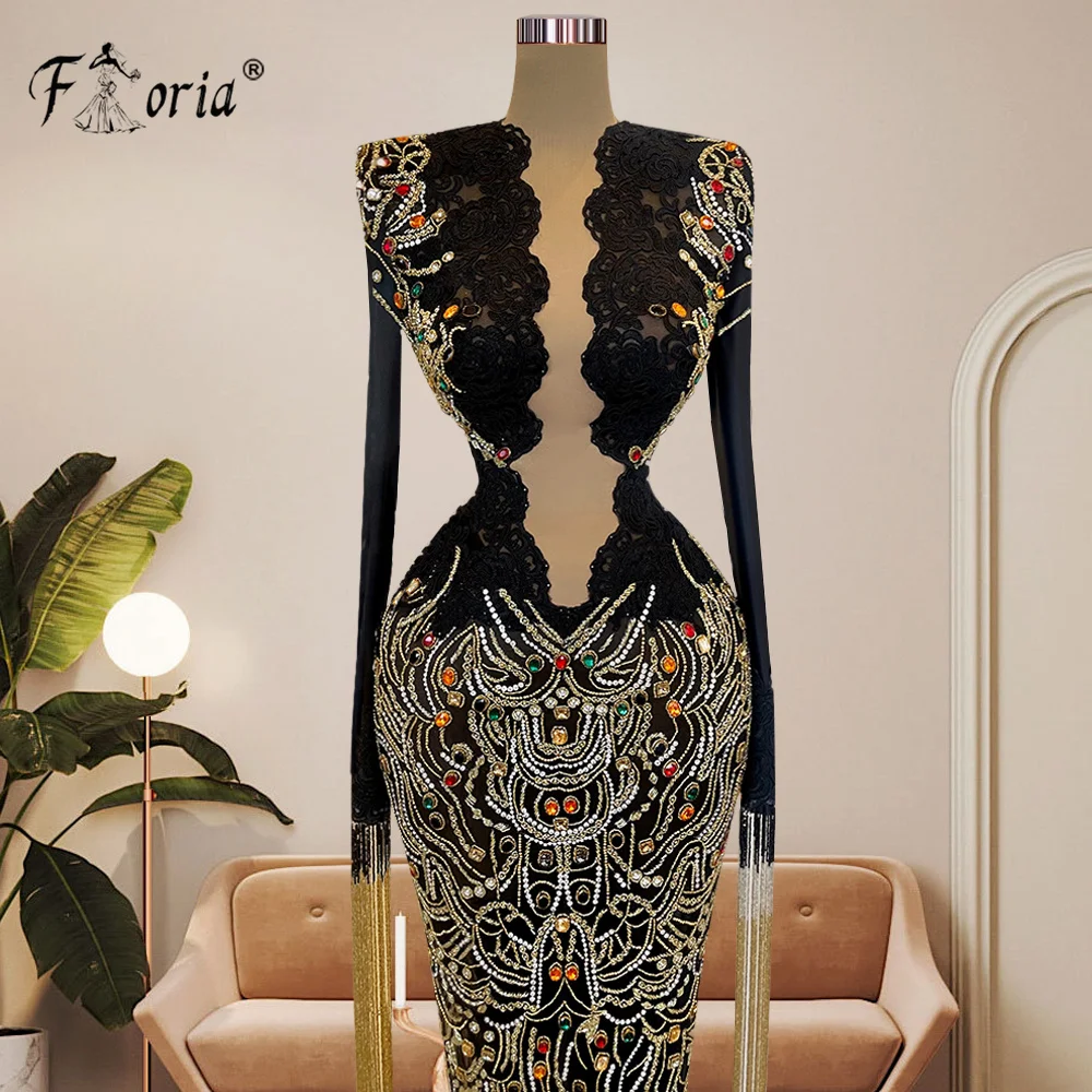 Elegant Heavy Beads Formal Evening Dress Black Middle East Rhinestones Crystal Long Sleeves Party Prom Gown Vestidos De Noche