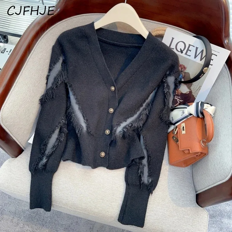 CJFHJE V-Neck Metal Button Knitted Women Commuter Fashion Tassel Bottom Cardigan Sweater Coat Casual Solid Color Women\'s Sweater