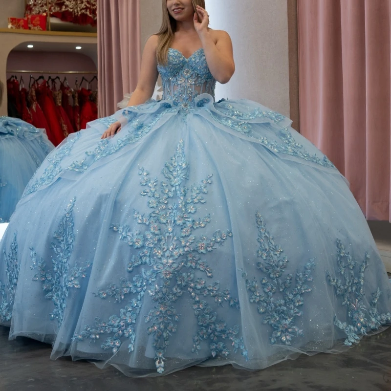 

Небесно-голубое блестящее платье Quinceanera Бальное платье с открытыми плечами и аппликацией из кружева с бусинами и бантом из тюля Корсет Sweet 16, платье Vestidos 15 De