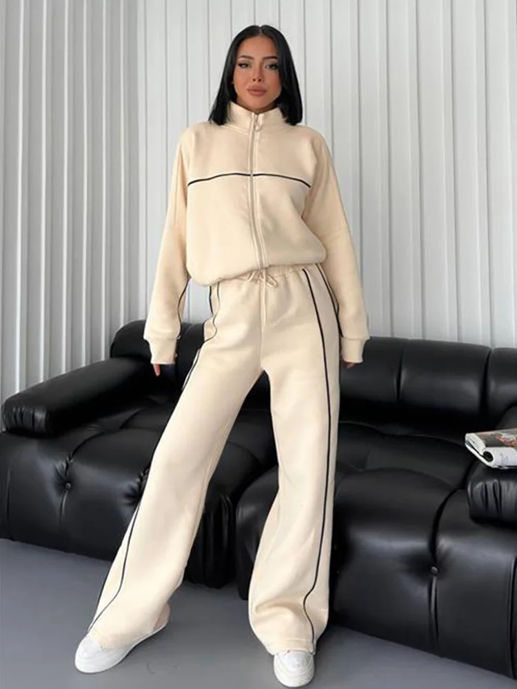 Women Tracksuit Half High Neck Zippers Cardigan Outerwear Drawstring Wide Leg Pants Two Pieces Set Pockets Solid Sports