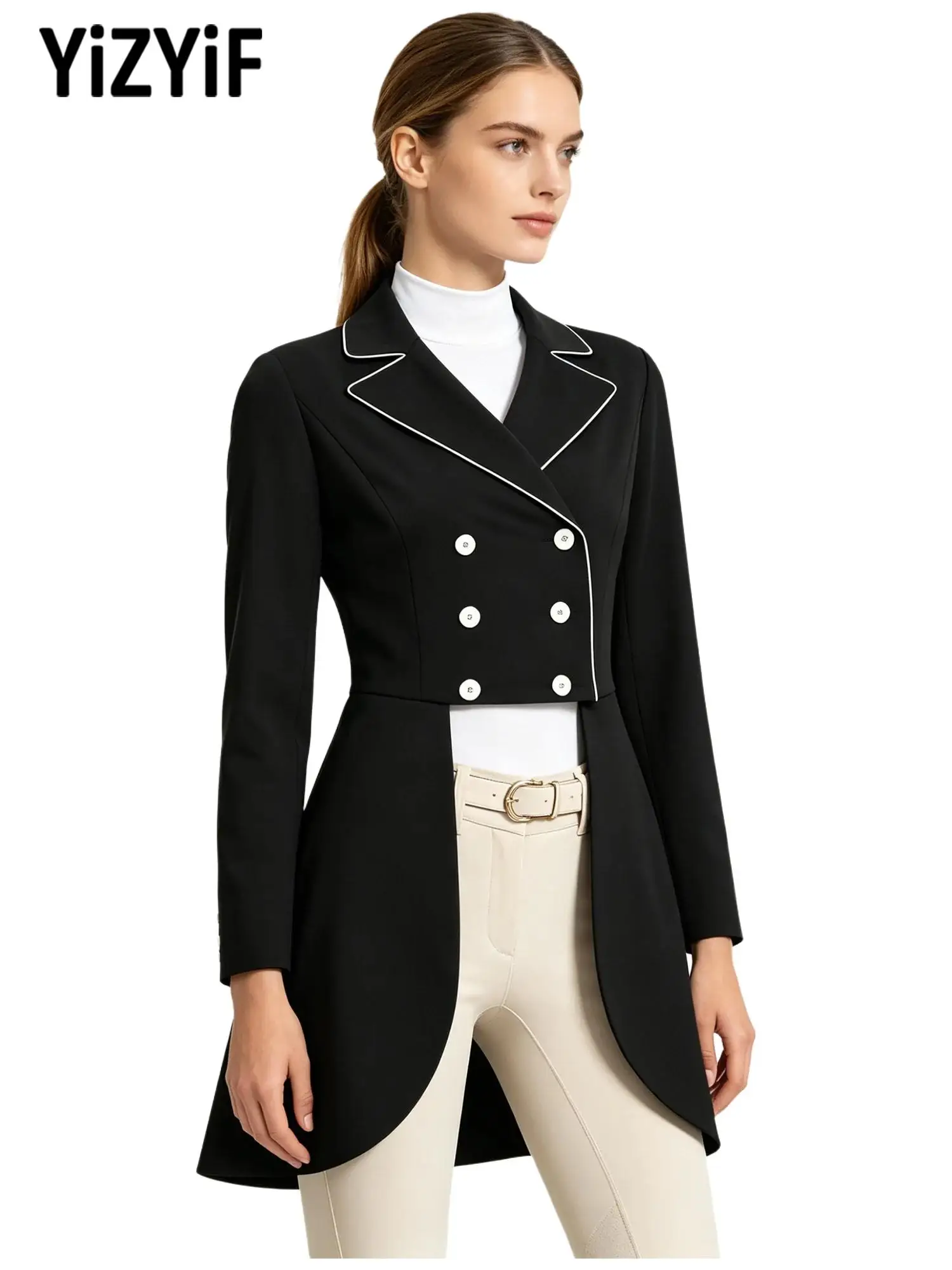 women-equestrian-dressage-tailcoat-lapel-long-sleeve-double-breasted-stretchy-lightweight-for-horse-riding-competition-show