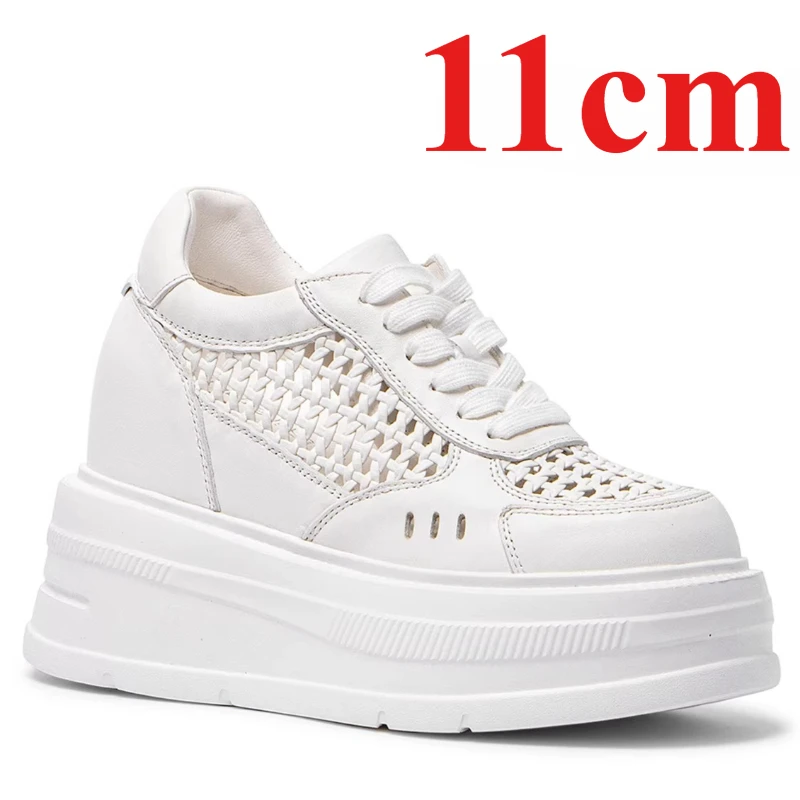 White Mesh Shoes for Women's 13cm Elevator Summer Hollow Woven Genuine Leather Breathable Sports Casual Height Increasing Shoes