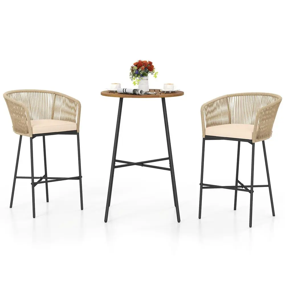 

3 Pieces Rope Woven Patio Bar Set, Outdoor High Table and Chairs Set with Soft Cushions and Acacia Wood Tabletop, Outdoor Count
