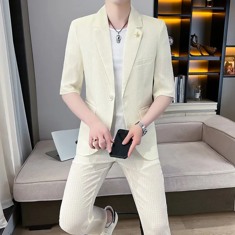 2024 Summer Men\'s Sets Half Sleeve Blazer Suits Fashion Solid color Short Sleeve Button Suit Shirt + Pants Slim FIt 2 Piece Set