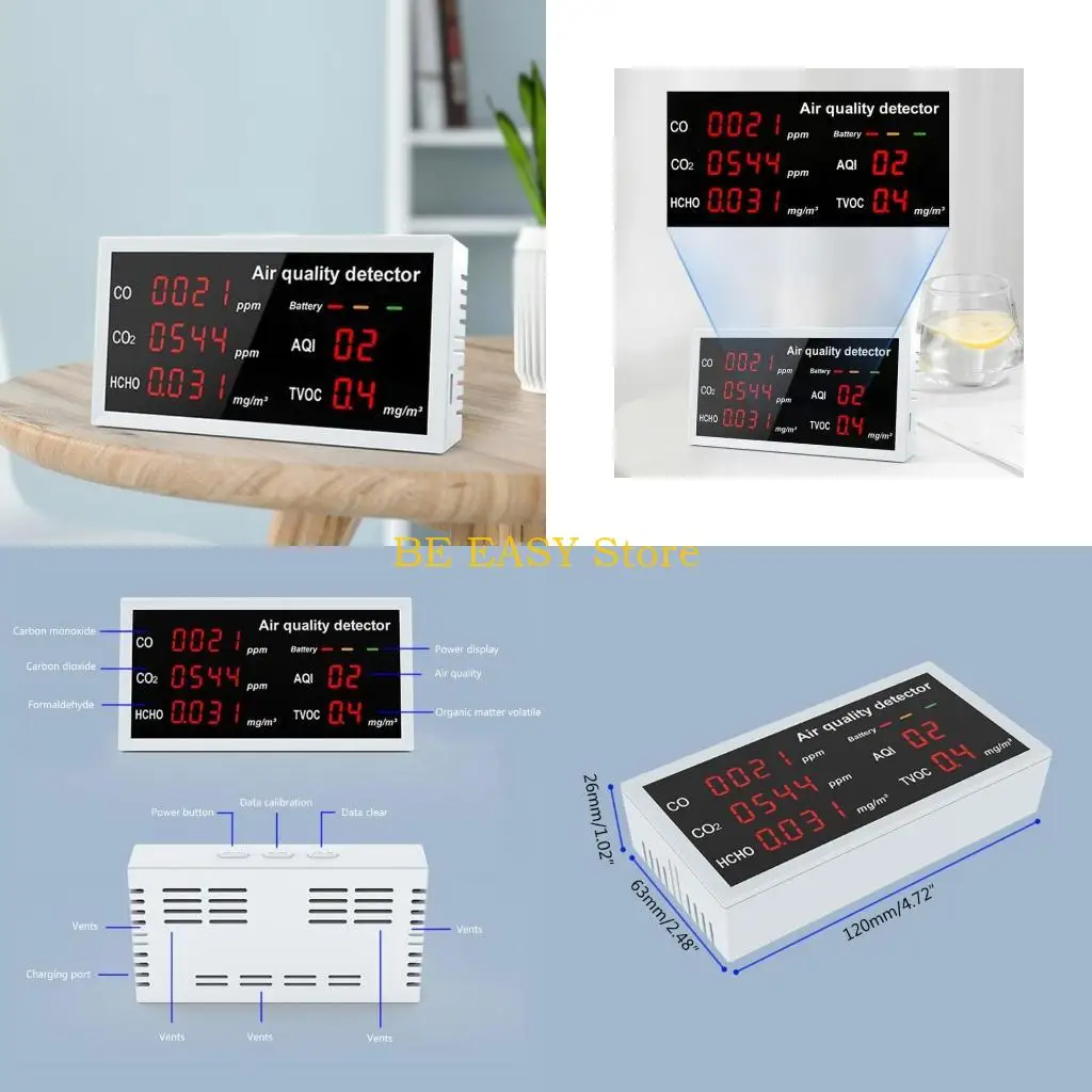 E28F Formaldehyde Air Quality Monitor HCHO/TVOC/AQI/CO/CO2 5-in-1 Multifunctional Air Gas Detector Record Real-time Data