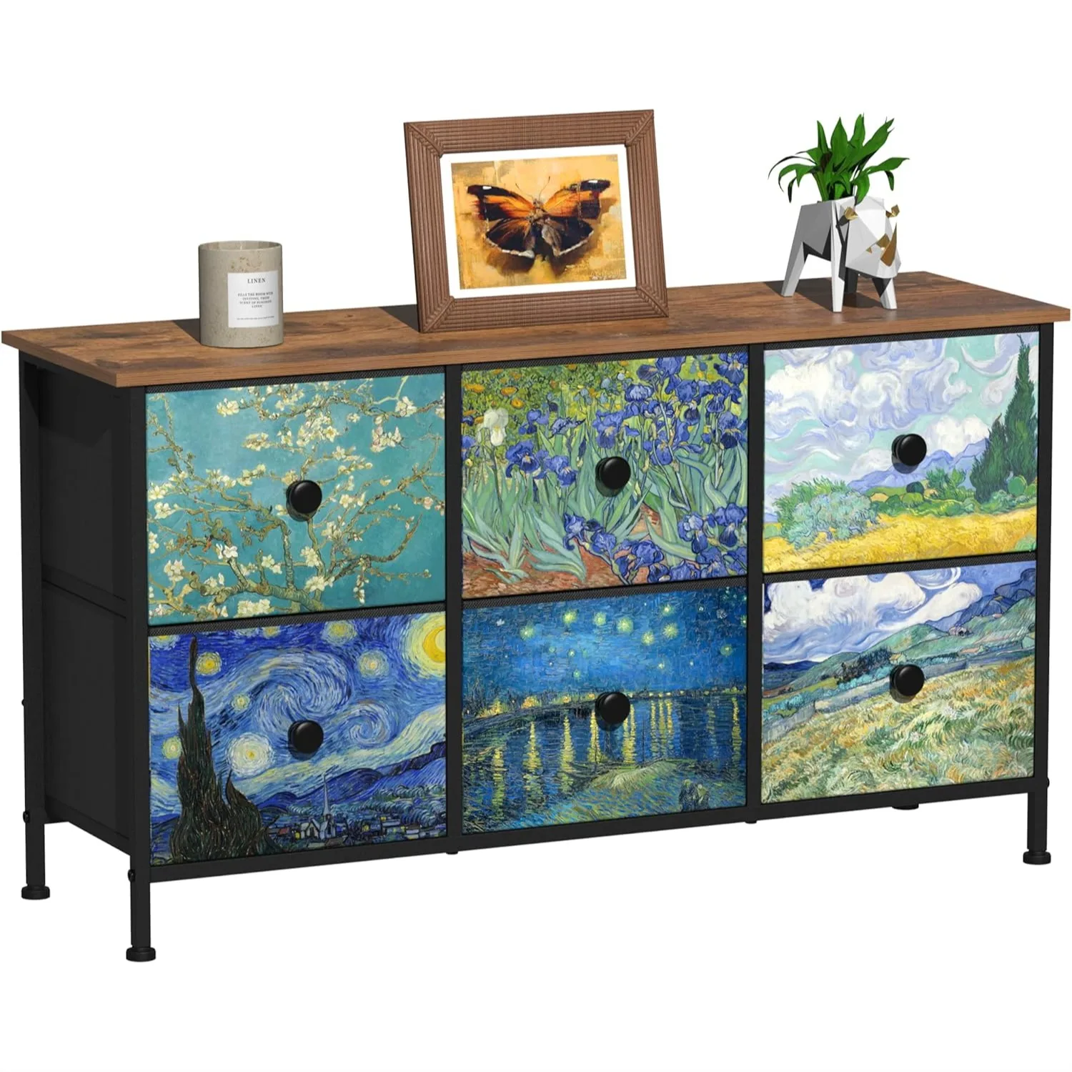 

6 Drawer Dresser with Van Gogh Fabric Storage, Sturdy Steel Frame Wood Top for Bedroom Living Room TV Stand