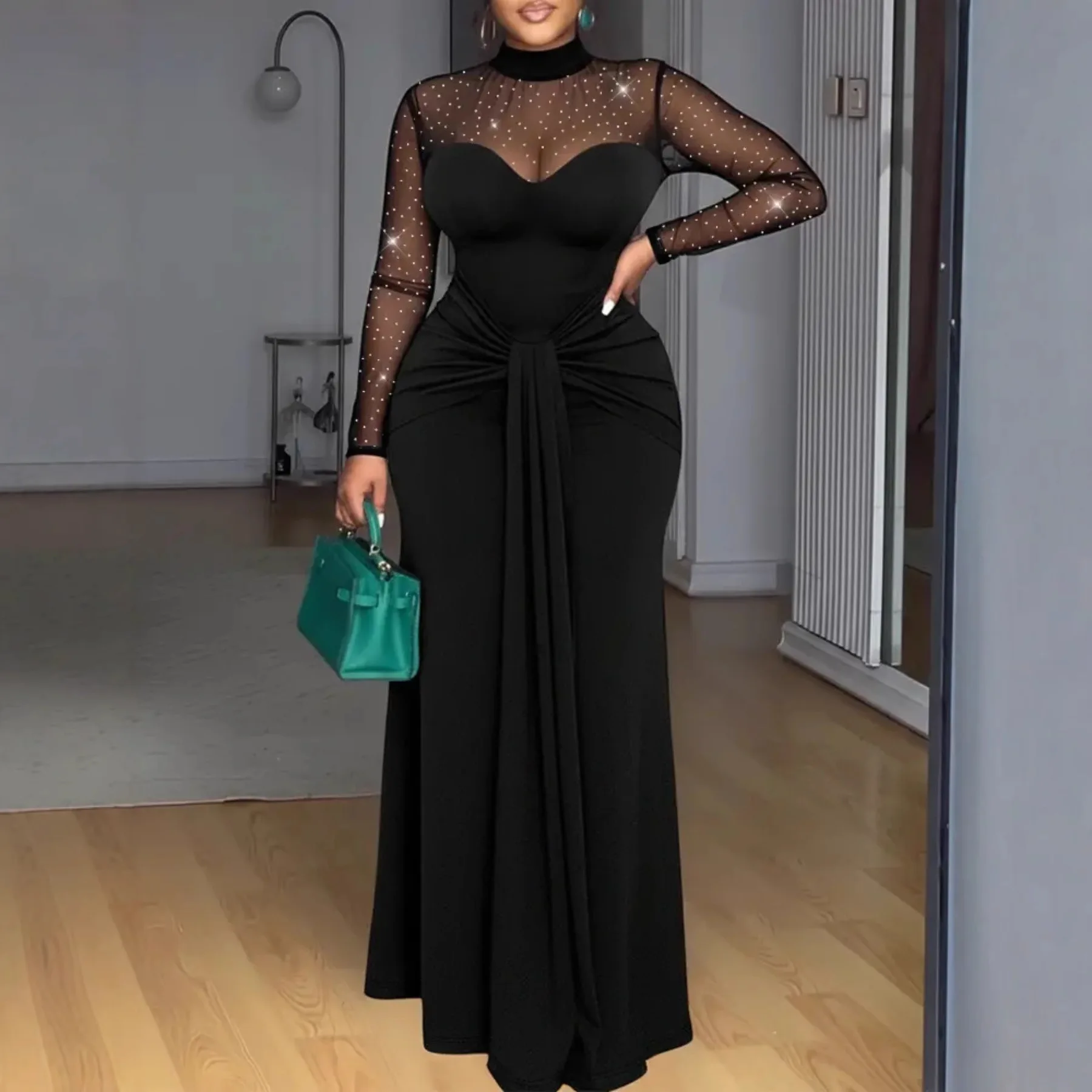 

Women's Dress New Spring Autumn Long Sleeve Simple Solid Color Slim Fit Party Dress Sexy Mesh Patchwork Hollow Evening Dress