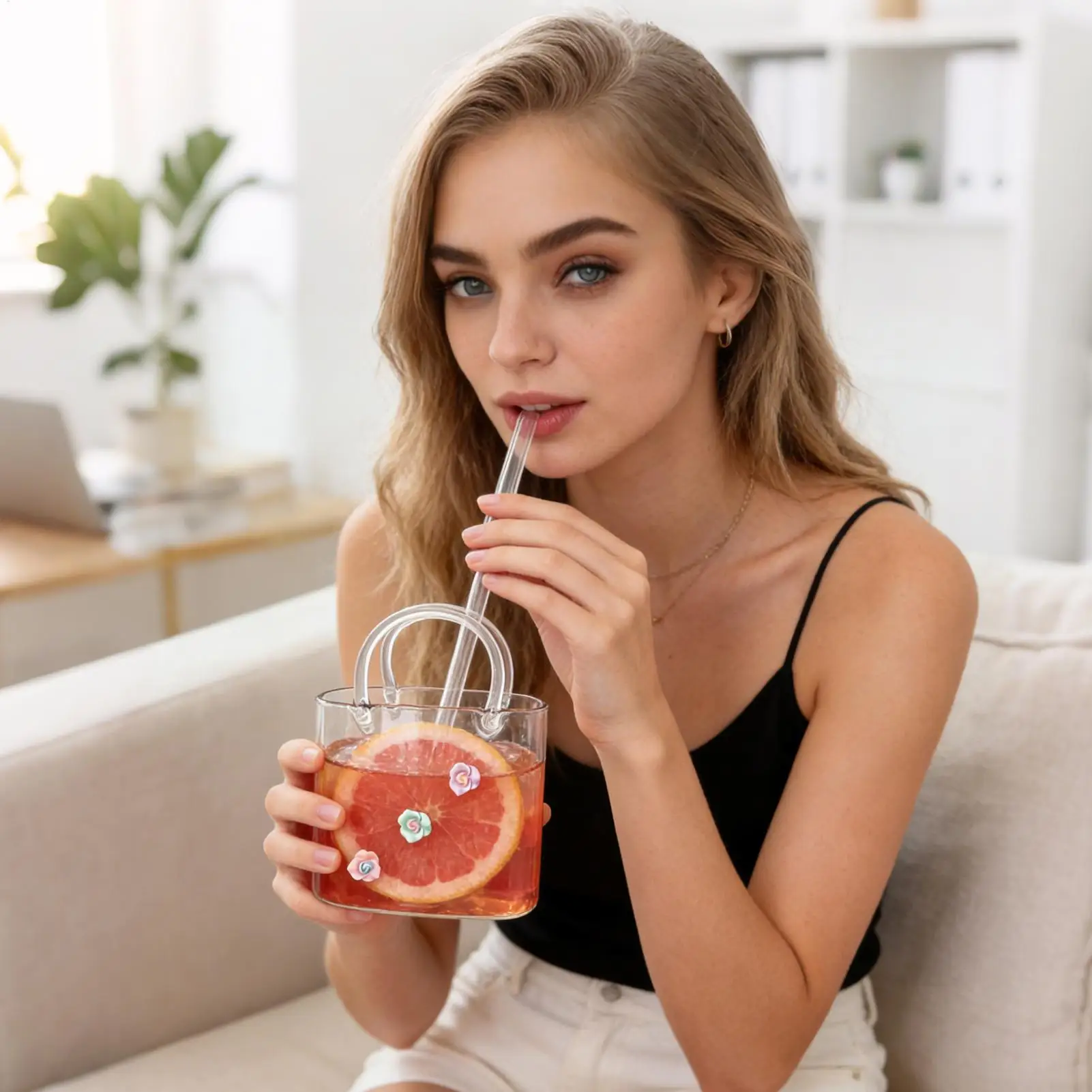 Glass Bag Vase Wide Rim Clear Drinking Mug With Straw Flower Vase Drink Purse Fish Bowl For Home Bar Party Bridal Shower Girls view 3