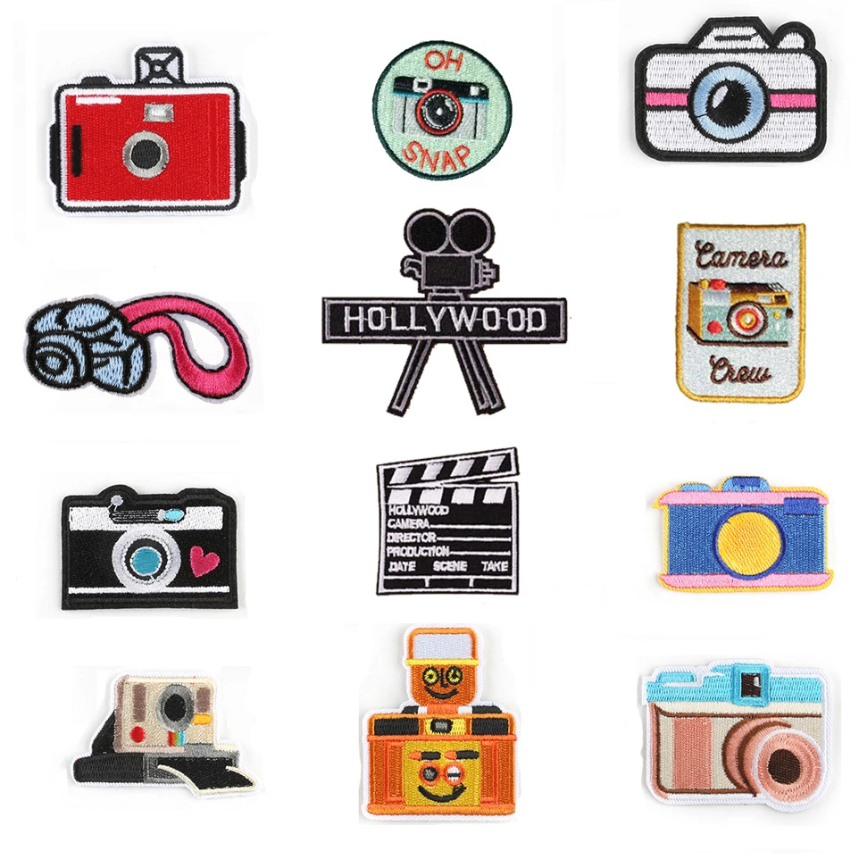 Emblem Cartoon Camera Patches for Kids Clothes Iron on Appliques DIY Stripes Embroidery Stickers Badges