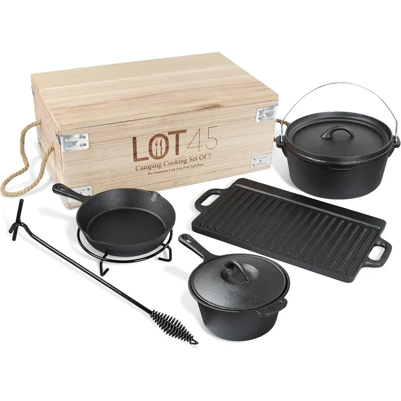 

Lot45 Pre-Seasoned Dutch Oven Camping Cooking Set Cookware - Cast Iron Griddle, 4qt Dutch Oven, Griddle Pan, Frying Pan