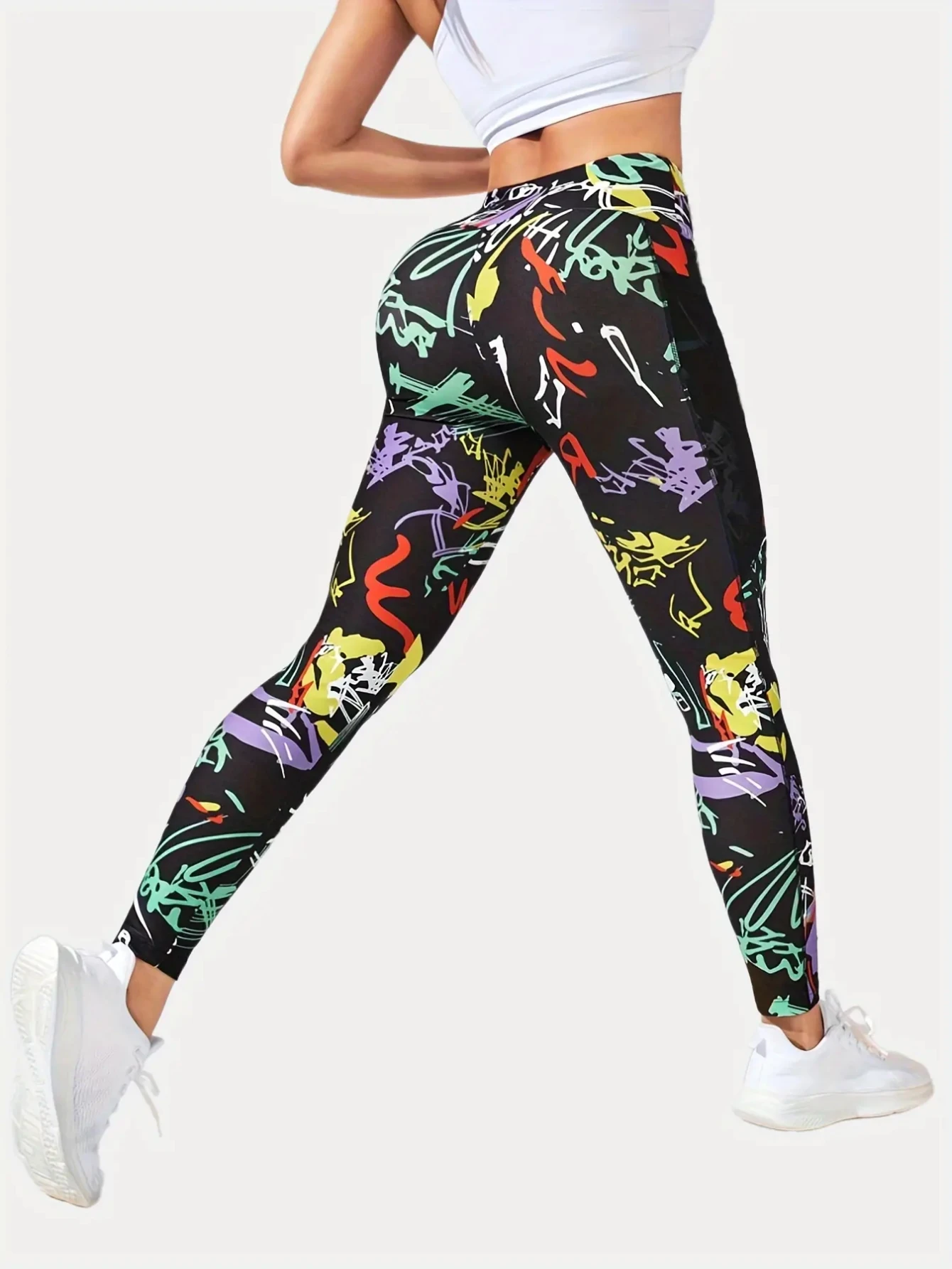 Yoga Trendy Graffiti Print Wideband Waist Sports Leggings With Phone Pocket