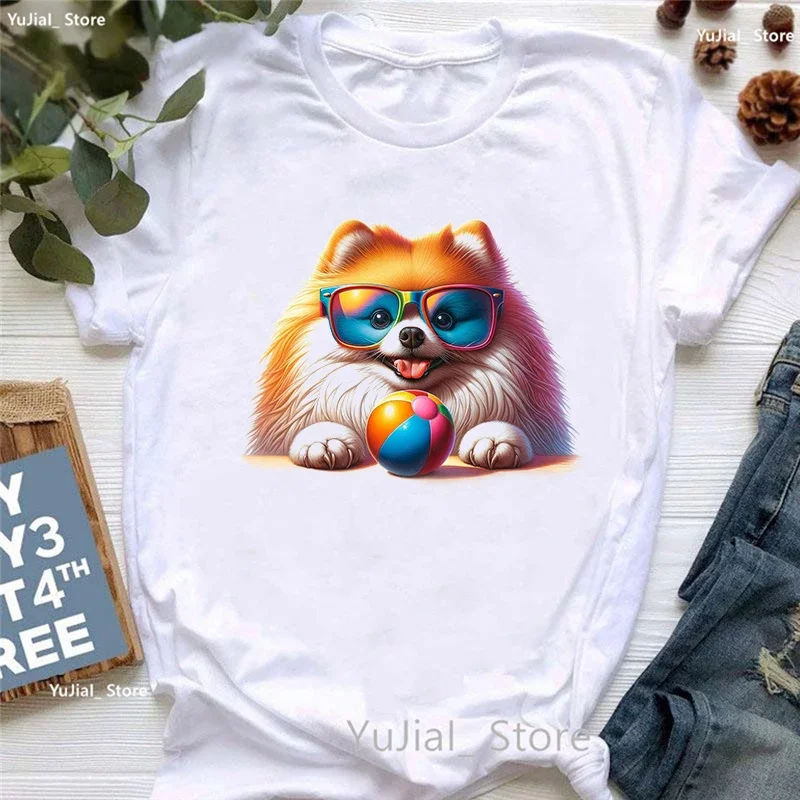 

Cute Pomeranian Animal Printed Tshirt Girls Harajuku Kawaii Clothes Summer Fashion Short Sleeve T-Shirt Female White T Shirt