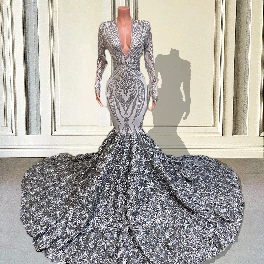 Silber Lange Prom Kleider 2023 für Schwarz Mädchen Meerjungfrau 3D Blumen V-ausschnitt Formale Anlass Kleid Graduation Party Gala Kleider