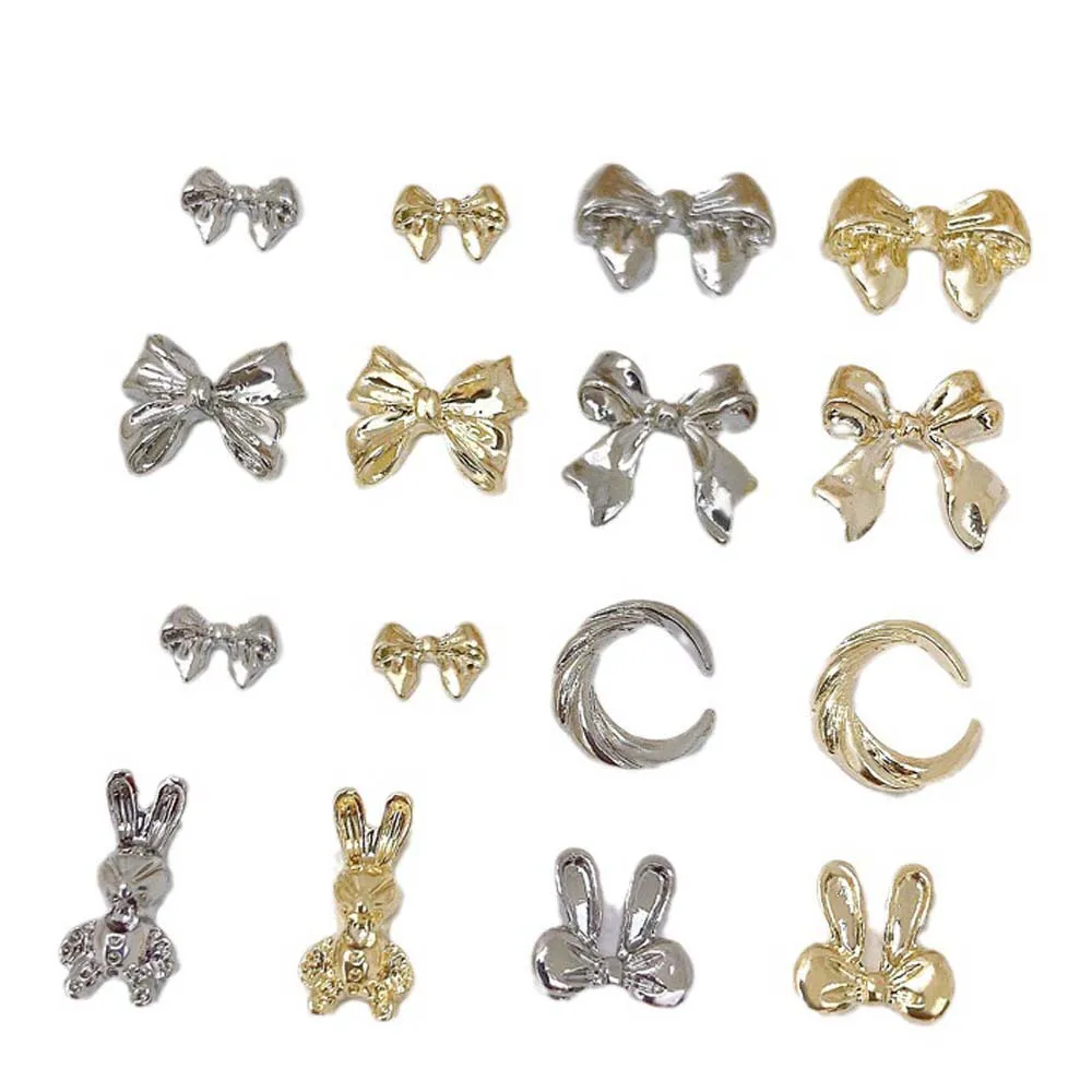 20pcs Silver Ribbon Bows Nail Charms 3D Metal Glossy Gold/Silver Bow Ribbon Rabbit Nail Decoration DIY Luxury Nail Accessories