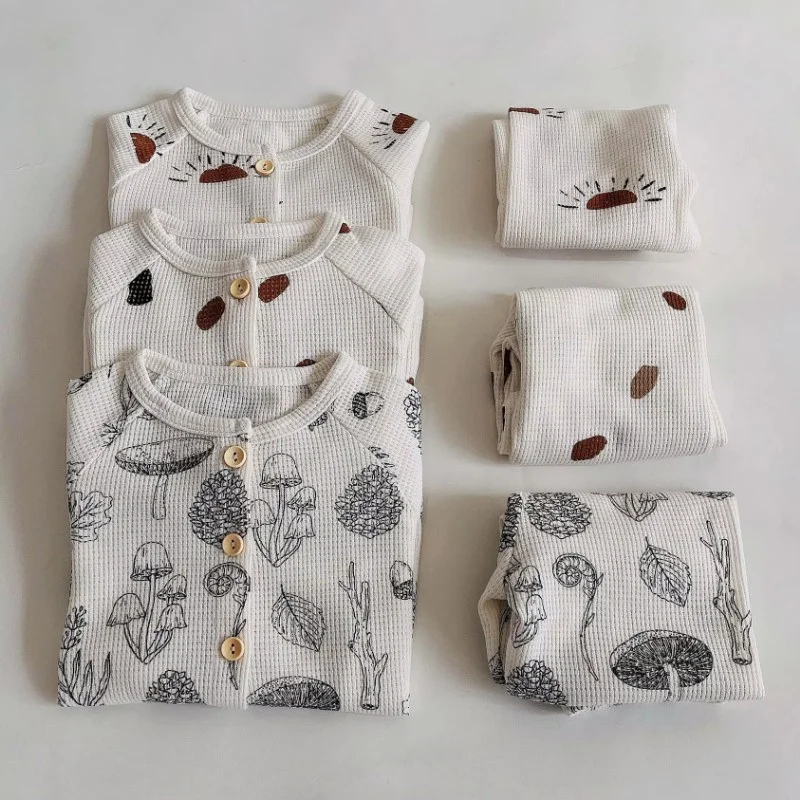

Spring Autumn Children Baby Pajamas Cotton Long Sleeve Top with Button + Pant Kids Sleepwear Suits