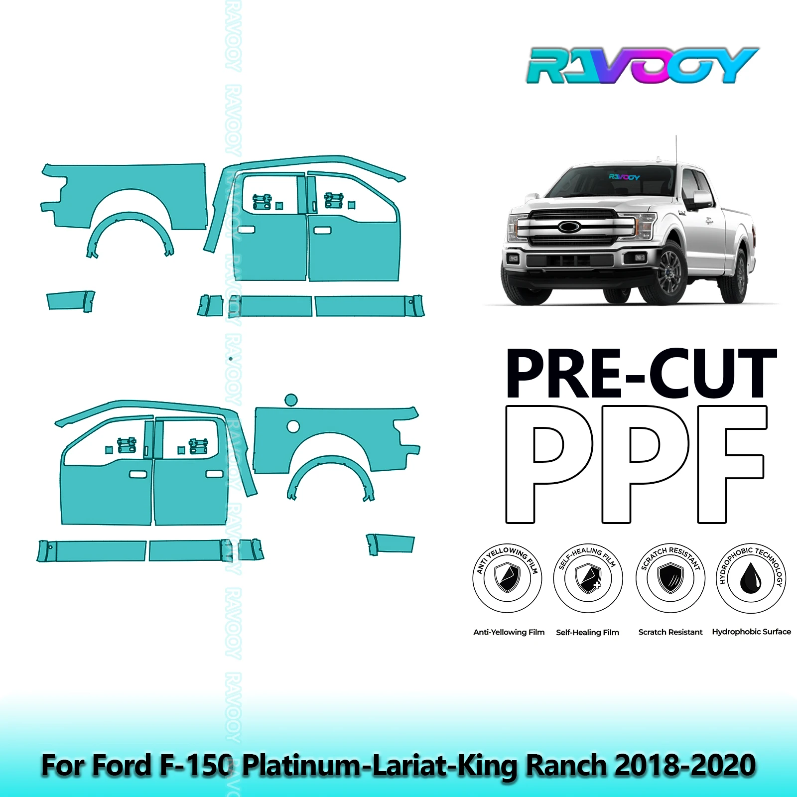 

For Ford F-150 Platinum-Lariat-King Ranch 2018-2020 8.5mil Pre-Cut PPF Door & A/B Pillar Kit TPU Paint Protection Film Set