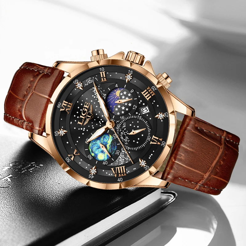 LIGE Fashion Luxury Man Watch Retro Simple Classic Leather Strap Clocks Casual Sport Moon Phase Auto Date Quartz Watches for Men