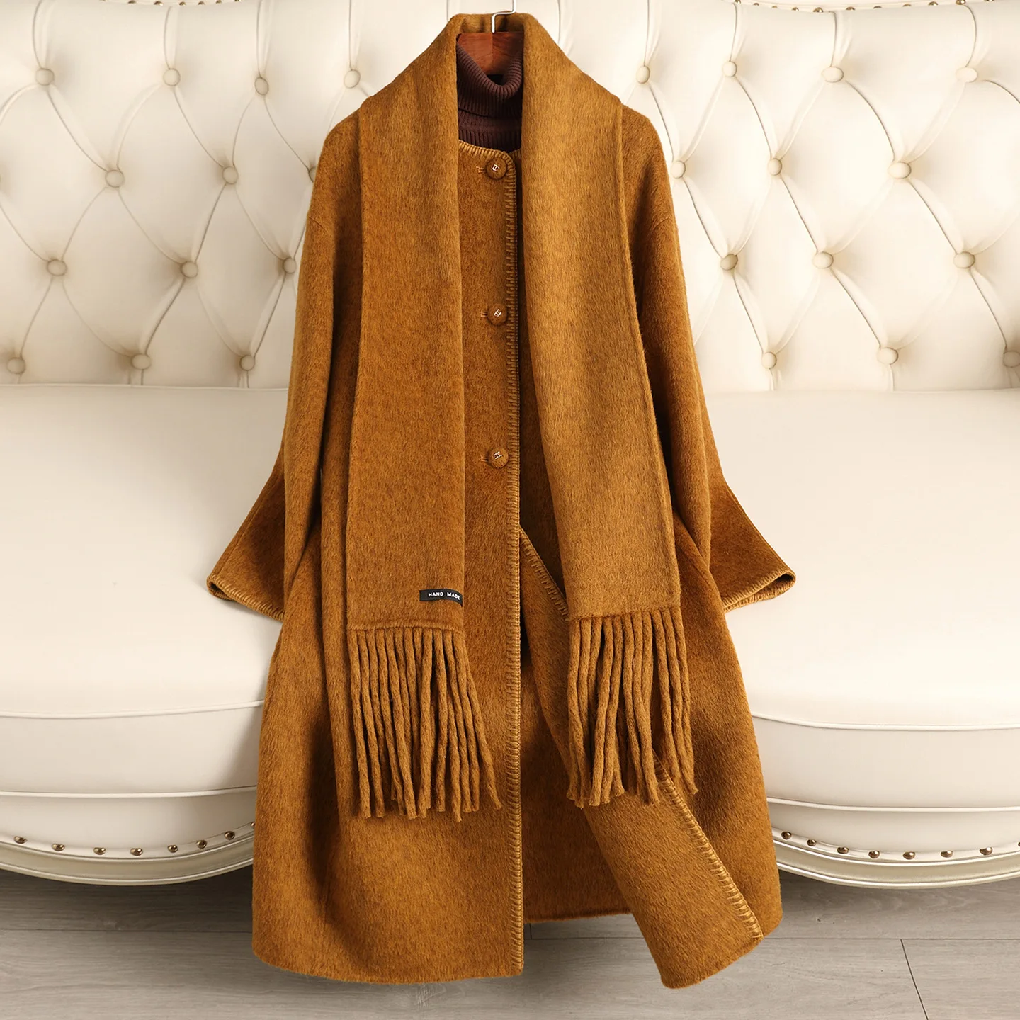 Double-sided Cashmere Coat Women's Autumn And Winter New High-end Fringed Scarf Korean Woolen Coat Medium And Long Atmosphere
