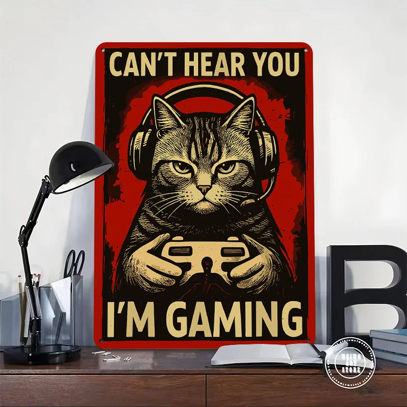 Can’t Hear You I’m Gaming Gamer Cat 3D Texture Printed Poster Custom Vintage Metal Tin Plate Sign for Wall Art Room Decoration