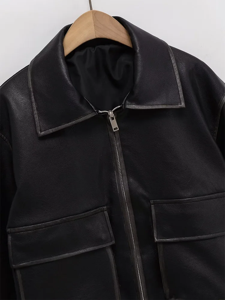 Chaqueta de cuero con bolsillo tipo parche y solapa de color sólido con temperamento versátil a la moda para mujer de estilo europeo