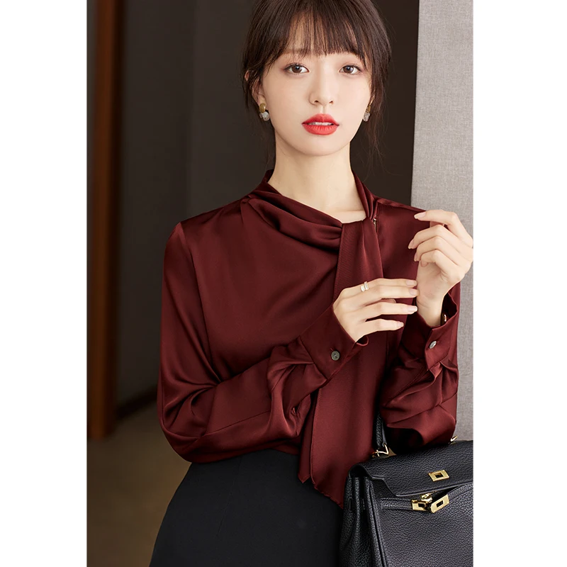 Elegant Ribbon Pile Collar Long Sleeve Wine Red Blouse Women Tops Spring Autumn Office Lady Loose Bussiness Casual Shirt D2184