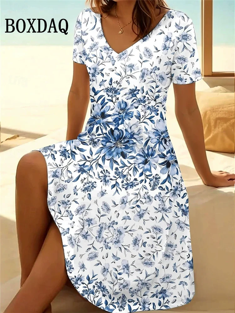 

Винтажное летнее платье, женское повседневное платье с v-образным вырезом и цветочным принтом для пляжного отдыха, с короткими рукавами, свободные женские платья больших размеров 6XL