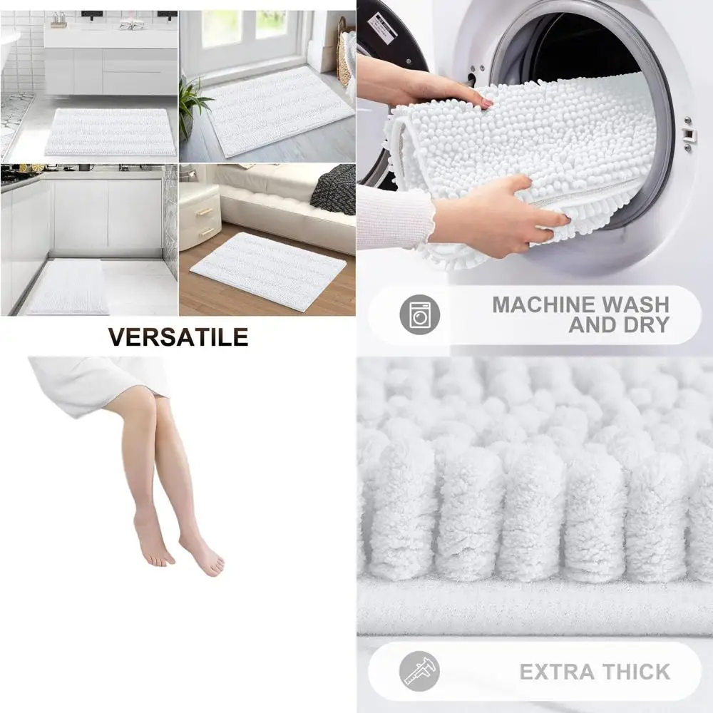 

40x32 Коврики для ванной из белой синели в полоску — очень толстые, впитывающие, нескользящие лохматые коврики для душа, можно стирать в машине