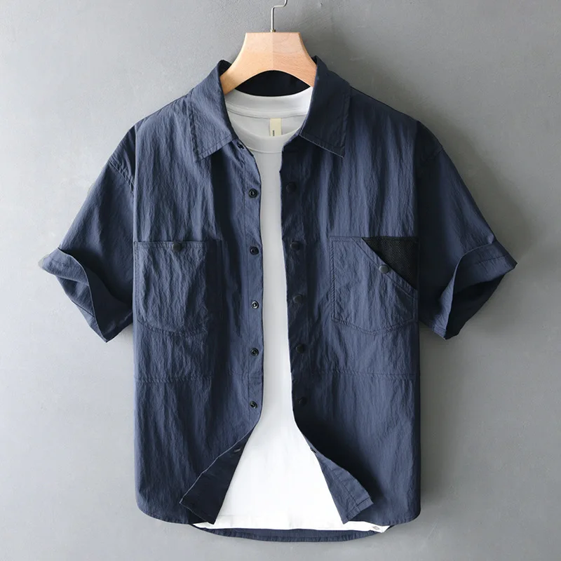 Men's summer Japanese workwear retro fashion versatile loose color blocking design short sleeved casual collar shirt Z T9023