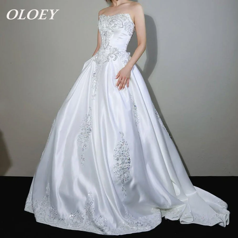 OLOEY Luxury Appliques Beaded Wedding Dress Pleat Soft Satin Strapless A-line Bridal Gown Lace-up Back Customized Sweep Train