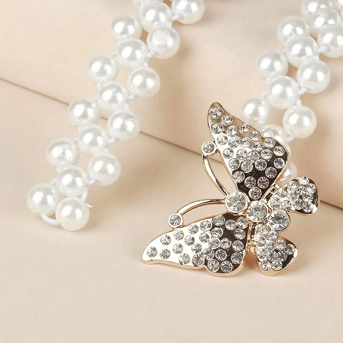 حزام أنيق بإبزيم على شكل فراشة مع لؤلؤ صناعي وأحجار الراين - حزام خصر مطاطي للفساتين والمشدات