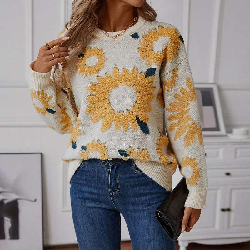 Europe, America, Autumn and Winter New Sweater Round Neck Long Sleeve Sunflower Jacquard Sweater Pullover Sweater Woman