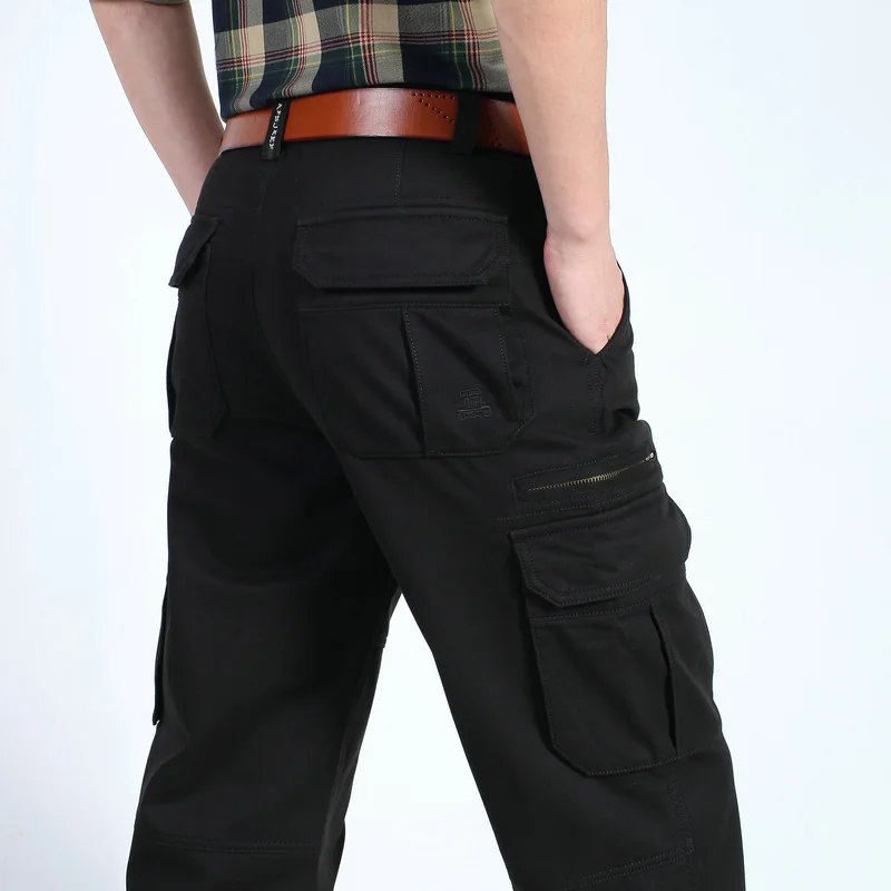 Calças cargo masculinas de algodão puro com vários bolsos, calças casuais sólidas de grandes dimensões, roupas masculinas de alta qualidade 30-48